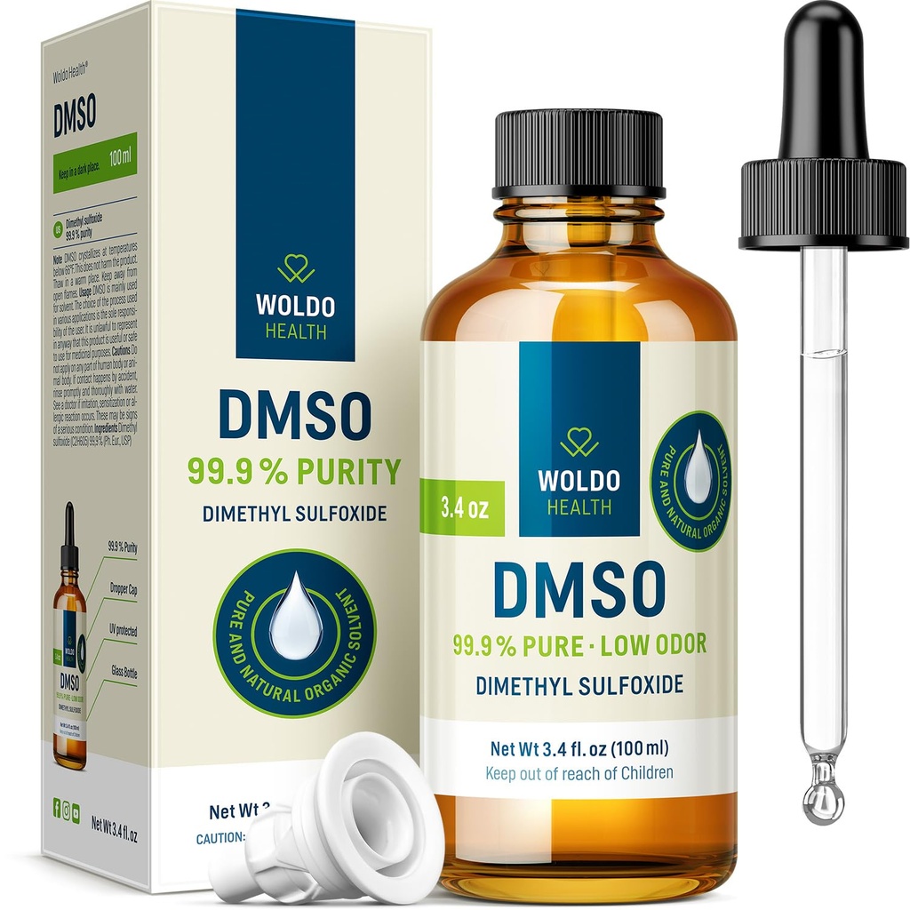 WoldoHealth DMSO 99,9% Pharmaceutical Grade - FT-IR Geverifieerd Dimethylsulfaat, laag geursolvent in glazen fles met Precision Dropper (3,38 oz)