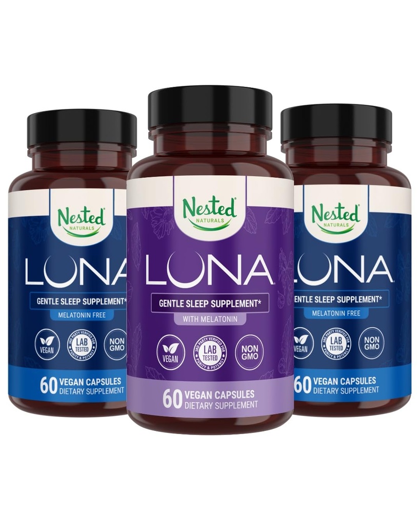 Nested Naturals Luna Melatonin-Free (120 Capsules Vegan) et Luna Natural Sleep Aid avec Melatonin (60 Capsules Vegan) pour le sommeil profond