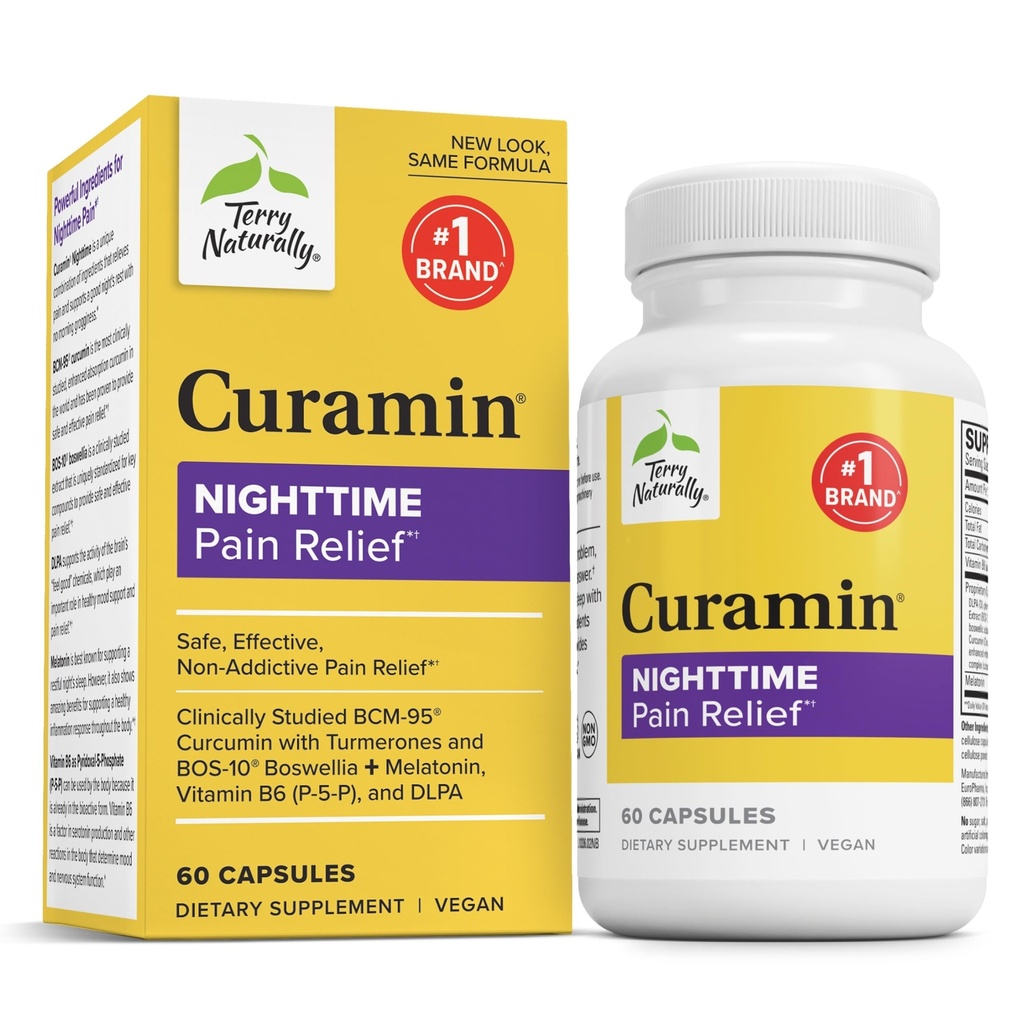 Terry Naturally Curamin Nighttime - Curcumin & DLPA Capsule Supplement - Non-GMO Supplement to Support Healthy Sleep & Relaxation - Herbal Supplement with Melatonine - 60 Capsules