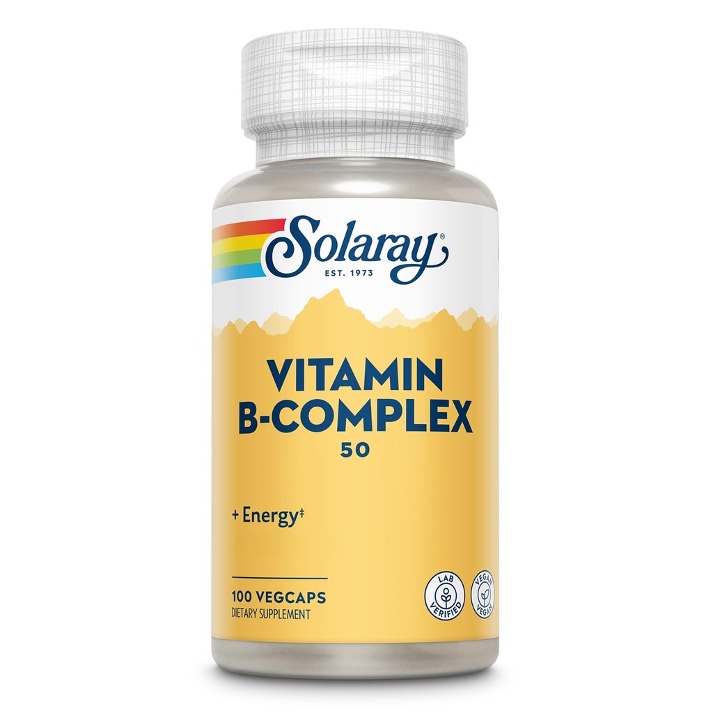 Solaray Complexe Vitamine B 50 mg - Vitamines d'énergie cellulaire - Métabolisme et soutien de la santé nerveuse avec vitamine B12, vitamine B1, B6, Niacine, acide folique, biotine et autres vitamines B - Vegan, 100 VegCaps