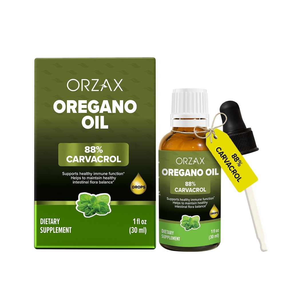 ORZAX Oregano Oil Drops with Olive Oil - 88% Carvacrol and 0,3% Thymol - Non-GMO & Sugar-Free & Gluten-Free & Vegan - Herbal Supplement for Immune Support and Digestive Health - 30 ml - 200 Day Supply