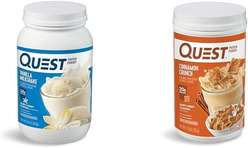 Quest Nutrition Vanille Milkshake Proteïne Poeder, 24g Proteïne, 1g Suiker, Lage Carb, Glutenvrij, 3 Pond, 43 porties & Kaneel Crunch Proteïne Poeder, 20g Proteïne, 2g Net Carb, 1g Suiker