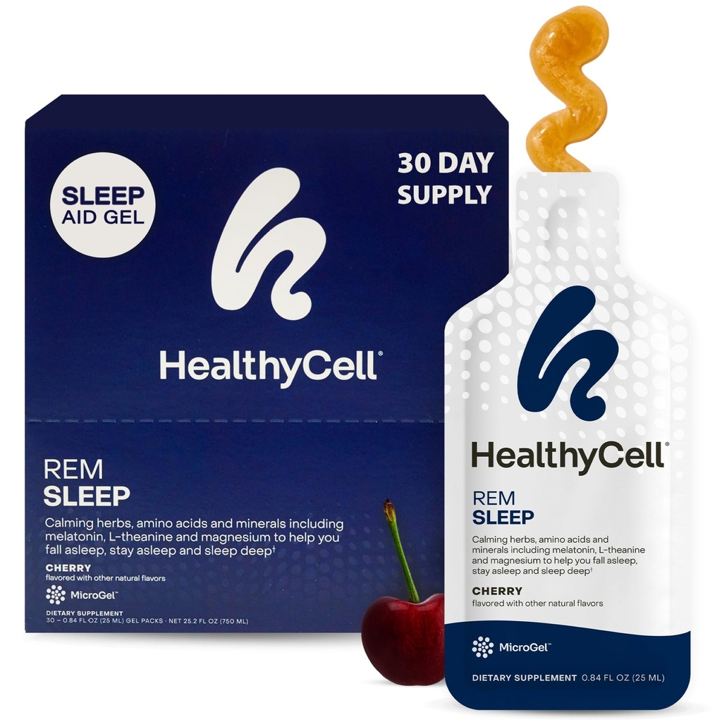 Gezonde REM slaaphulpsupplement voor volwassenen - vloeibare gel Extra sterkte slaapsupplement met Melatonine, Magnesium, L-Theanine, GABA & Natural Calming Herbs - 30 Gel Packs, Cherry Flavored