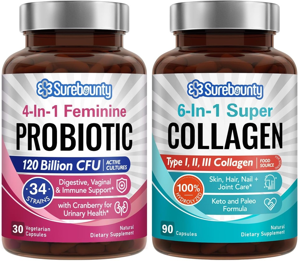 Probiotic + Collageen Bundle, 4-in-1 Vrouwelijke Probiotic (30ct) & 6-in-1 Super Collageen (90ct), 2 Packs, Cranberry, Digestief & Gezond Veroudering Support, Non-GMO