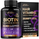 NUTRAHARMONY Biotine , Collagène , Acide hyaluronique , Keratine - Soutien Cycle normal de croissance des cheveux - Peau et ongles - 25000mcg Vitamines B1, B2, B3, B6 & B7 - pour les femmes et les hommes - Fabriqué aux États-Unis 60 Capsules