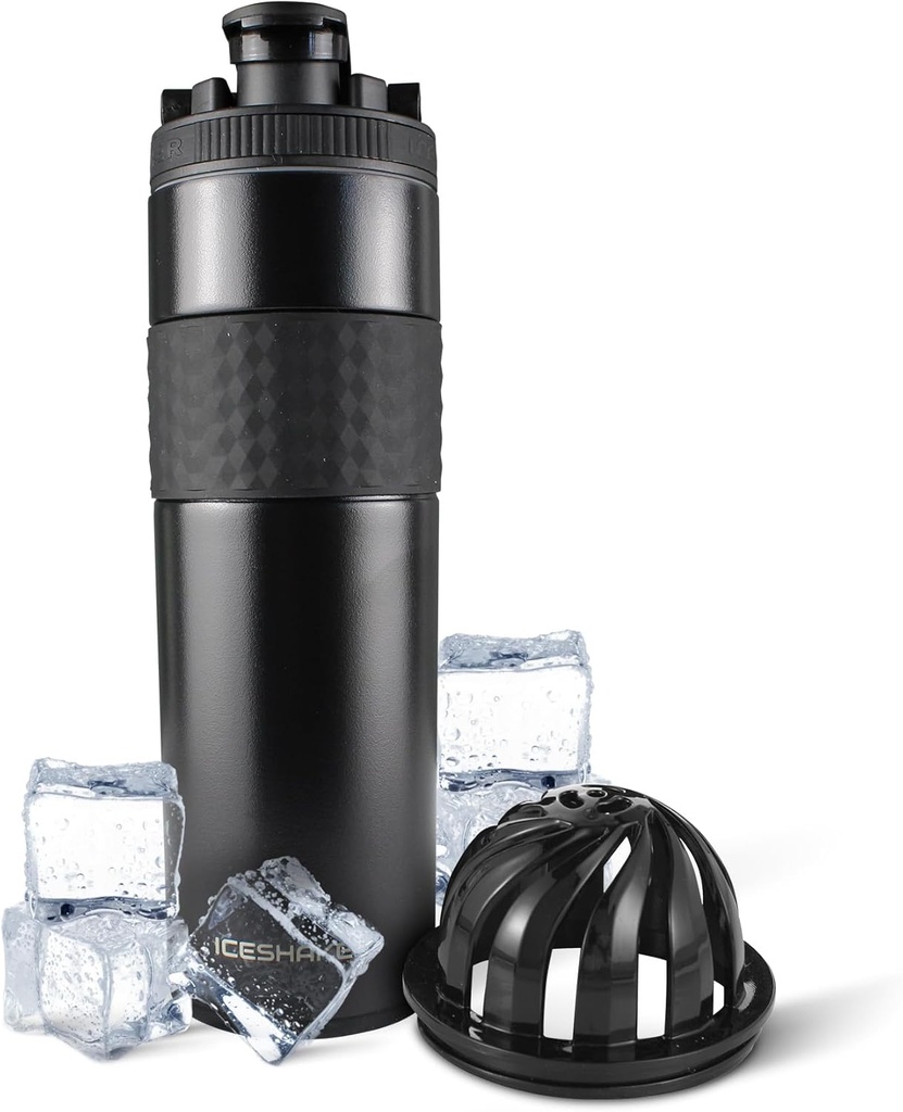 Ice Shaker Insulated Stainless Steel Shaker Bottle | 20 oz, Black | Cold for 24+ Hours | Insulated Cup with Twist-on Agitator | Odor-Free Bottle for Protein Shakes, Water, Smoothies, Cocktails