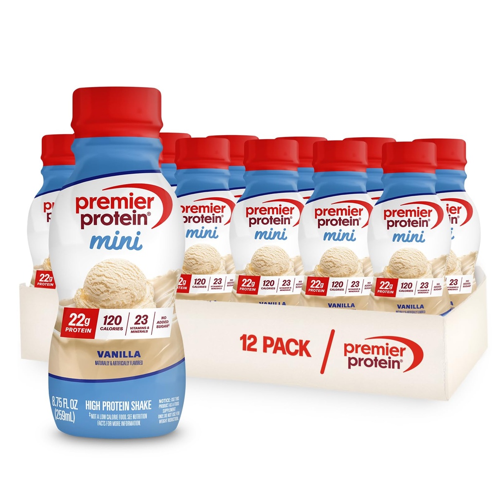 Premier Secouer les protéines MINIS, Vanille, 22g Protéines, 120 Calories, 1g Sucre, 8.75fl oz, Boîte de 12