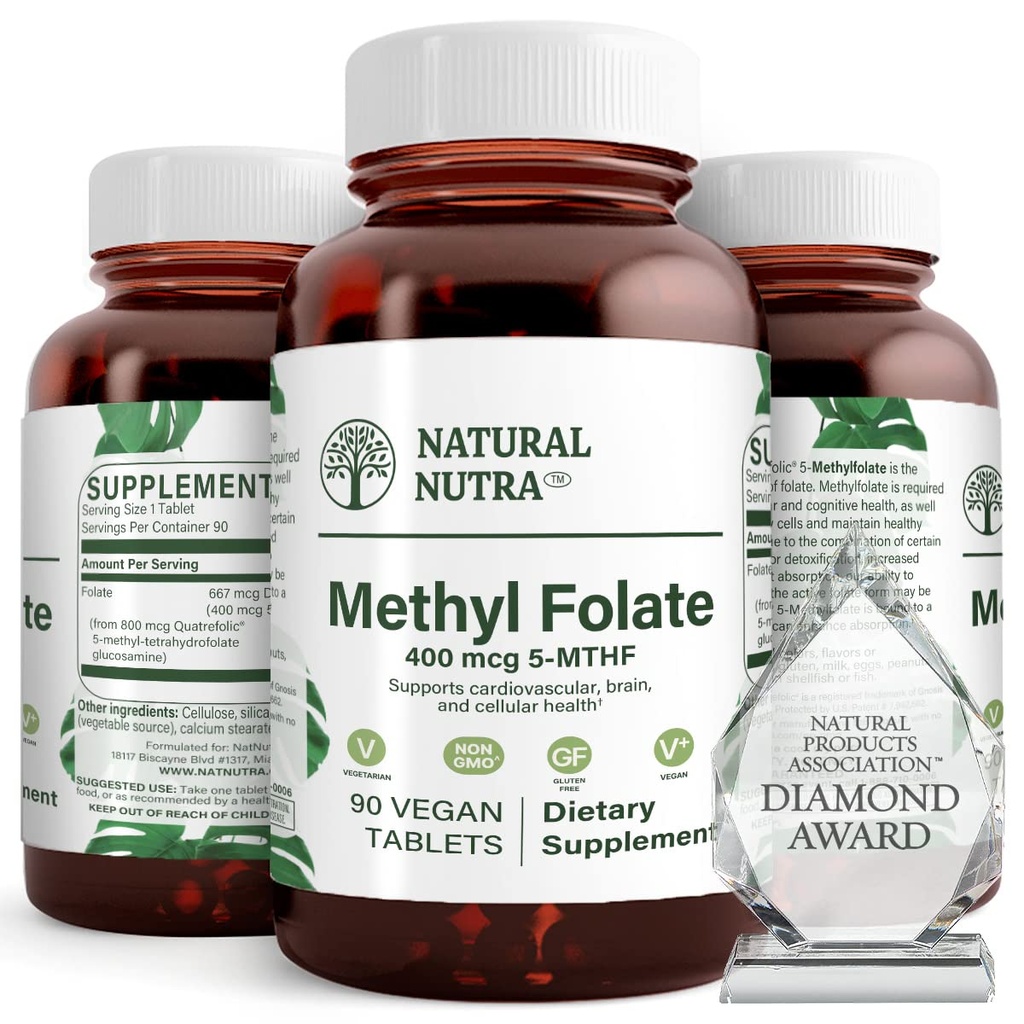 Supplément naturel de phosphate de méthyle actif Nutra avec Quatre folique, soutien de la santé du coeur et du corps, aide la santé du cerveau, améliorer les vibrations positives, aider à réduire les os, B9, 90 comprimés végétaliens (paquet de 2)