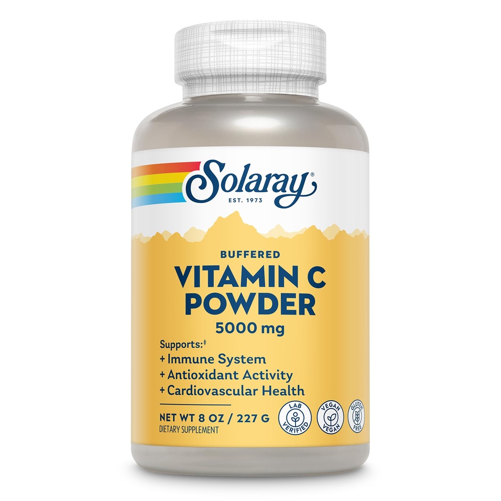 Solaray Vitamine C Ascorbic Acid Powder 5000mg - Vitamine C-supplement in poeder voor mannen en vrouwen, Immune & Skin Support, Natuurlijke Antioxidant, Mix in water, sap, of Smoothie, Vegan - 8 oz