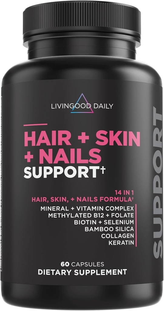 Supplément quotidien pour cheveux, peau et ongles Livingood, formule 14-en-1 avec biotine, collagène, kératine, bambou, sélénium, folate, B12, zinc et plus, supplément beauté pour les femmes et les hommes, sans gluten, 60 capsules
