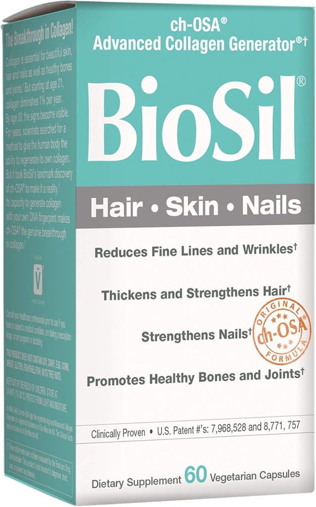 BioSil door natuurlijke factoren, haar, huid, nagels, ondersteunt gezonde groei en kracht, Vegan Collageen, Elastine en Keratine Generator, 60 capsules