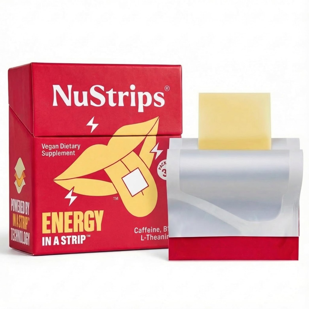 NuStripsTM Fast-dissolving Energy Strips met 50mg cafeïne, L-theanine en vitamine B12 