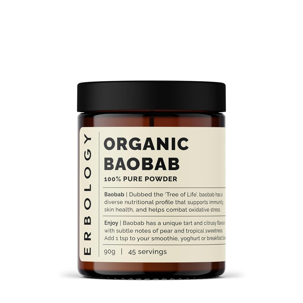 Erbologie Poudre biologique de Baobab 3,2 oz - 45 portions - Soutien de la santé de la peau et de l'immunité - Riche en vitamine C, B Vitamines et polyphénols - Provenant directement de la ferme - Vegan - Sans OGM