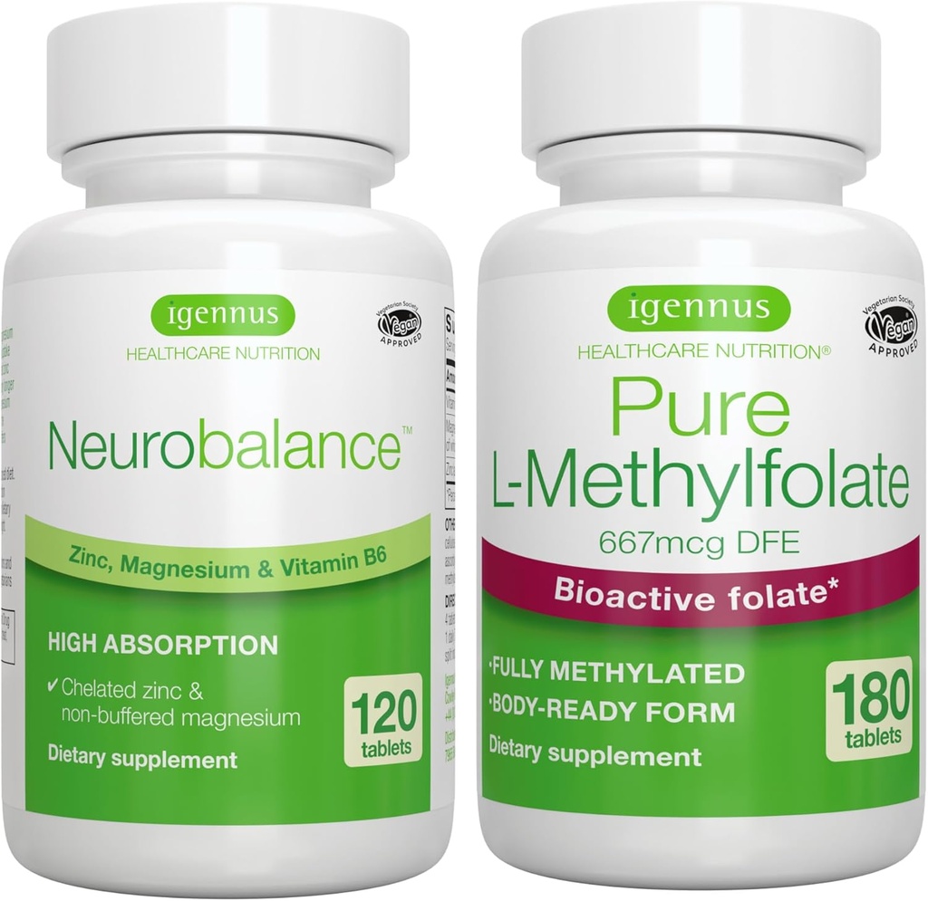 Neurobalans Zink, Magnesium & Vitamin B6 + Pure Folate 400mcg Vegan Bundle, Gecheld Zink Picolinaat 24mg, Oxidatievrij Magnesium & Vitamin B6 + Geoptimaliseerd L-methylfolaat, door Igennus