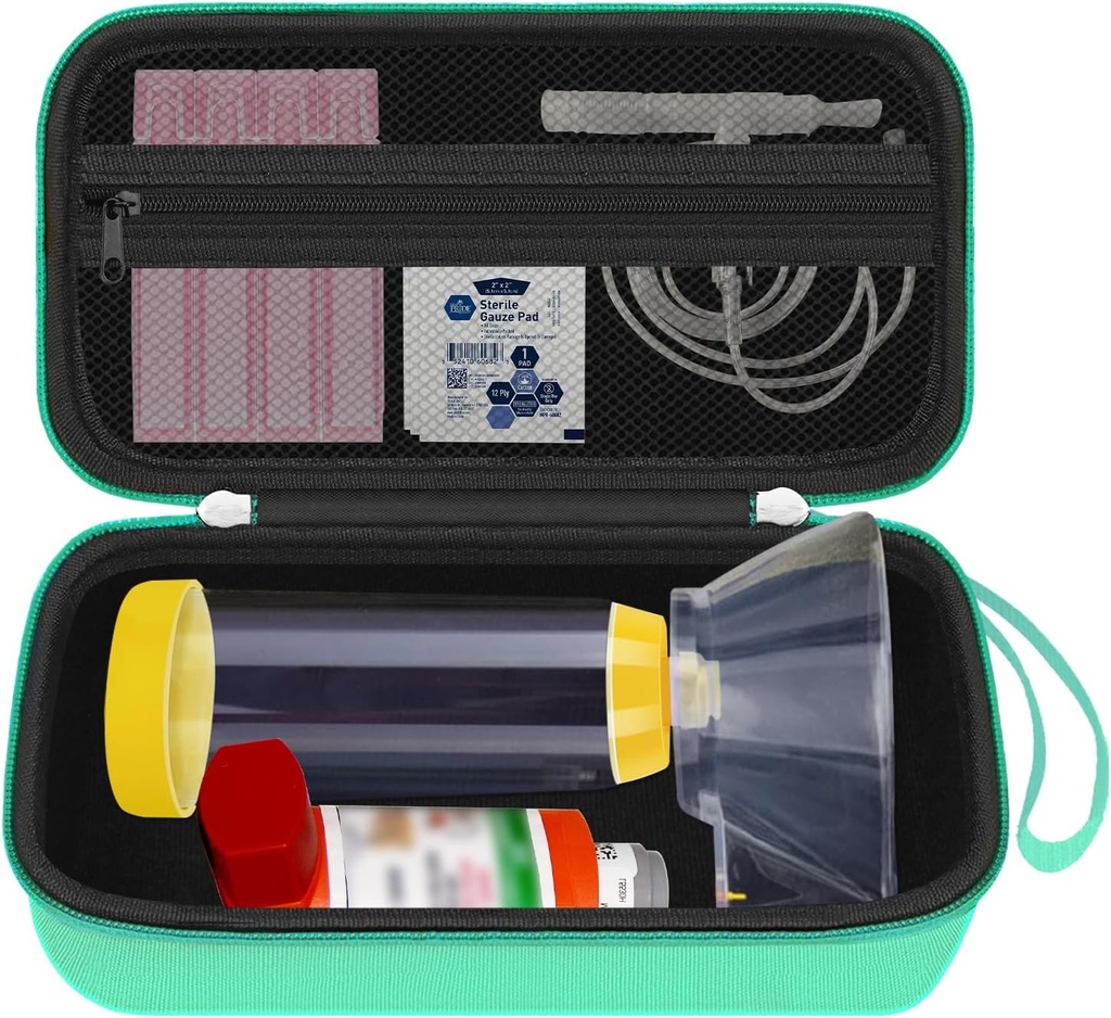 Cas de voyage dur pour l'inhalateur d'asthme, cas d'espaceur d'inhalateur pour enfants et adultes, masques, accessoires d'asthme avec poche en mesh pour la médecine et autres accessoires, vert (CASE SEULEMENT)