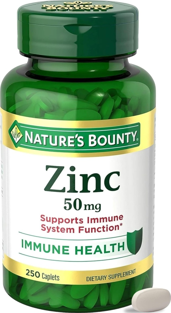 NatureS Bounty Zinc 50mg, Immuni Support & Supplément Antioxydant, favorise la santé de la peau, 1 Caplet par jour, sans gluten, 250 Caplets végétariens