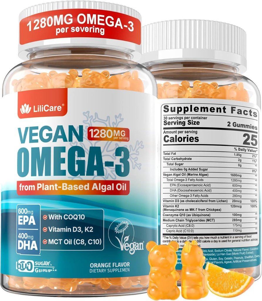 Vegan Omega-3 Gummies 1280mg + COQ10 + Vitamine D3 K2 (MK7), Omega 3 Visolie alternatief voor volwassenen w/EPA 600mg DHA 400mg & MCT Olie, geen vis smaak van Marine Algen, voor Brain, Eye, Immunity, 1 Pack