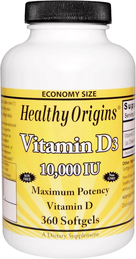 Gezonde oorsprong Vitamine D3 Maximale Potentie 10.000IE 360 Softgels, Totaal van 2 verpakkingen