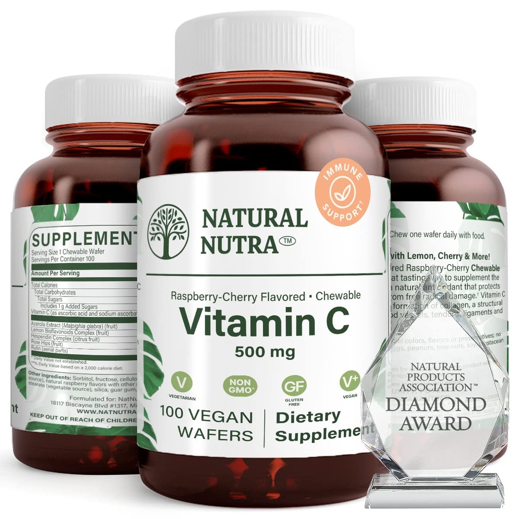 Supplément naturel de vitamine C Nutra pour les enfants et les adultes, Immune Booster, aide à soutenir la santé osseuse, protéger la santé de la peau et du coeur, source végétale, 500 mg, 100 Wafers végétaliens