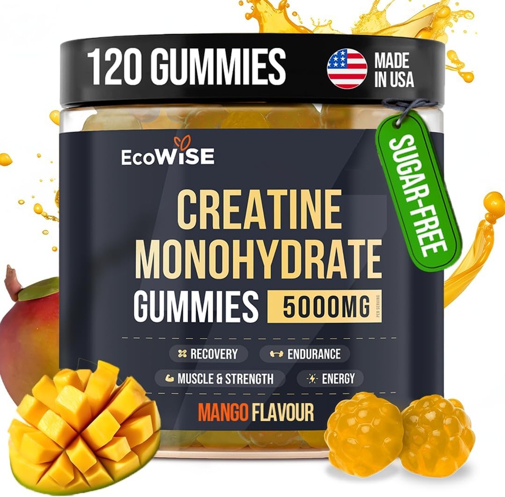 EcoWise Wellness Creatine Monohydraat Gummies 5000 mg, Mango smaak, 120 Sugar-Free Vegan Kauwen, Creatine Supplement voor dagelijkse Routine