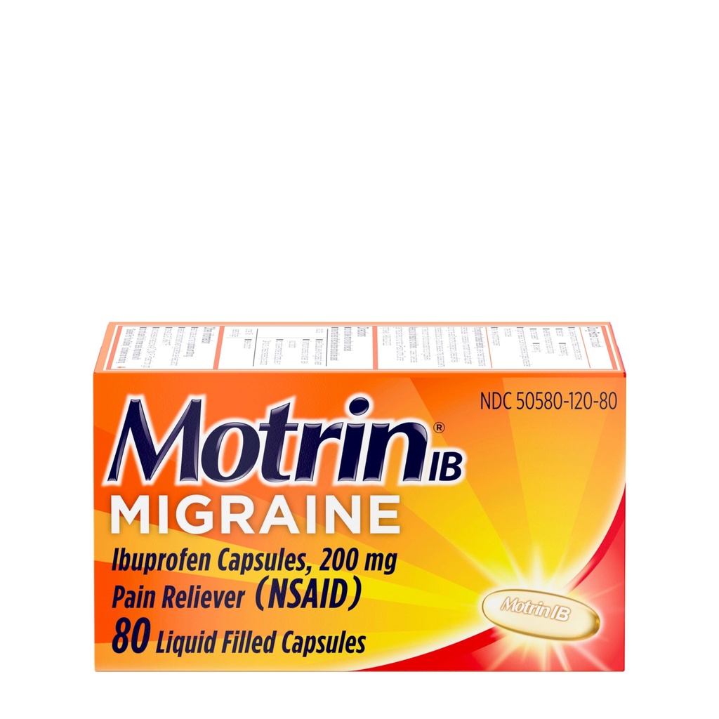 Motrin IB Migraine Relief Liquid Gel Capsules met 200 mg Ibuprofen per capsule, snelle en effectieve Migraine Hoofdpijn Geneeskunde met NSAID Pain Reliever Ibuprofen, Cafeïnevrij, 80 st.