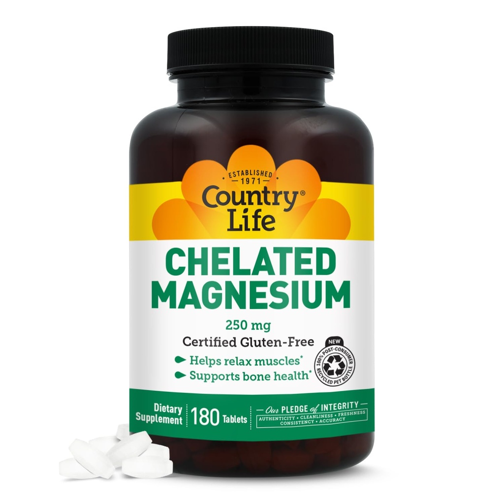 Country Life Chelated Magnesium 250mg - Ondersteunt Hart, Bot & Muscle Health, Vegan-Friendly Magnesium Supplement met Magnesiumoxide en Aminozuurchelaat, Glutenvrij