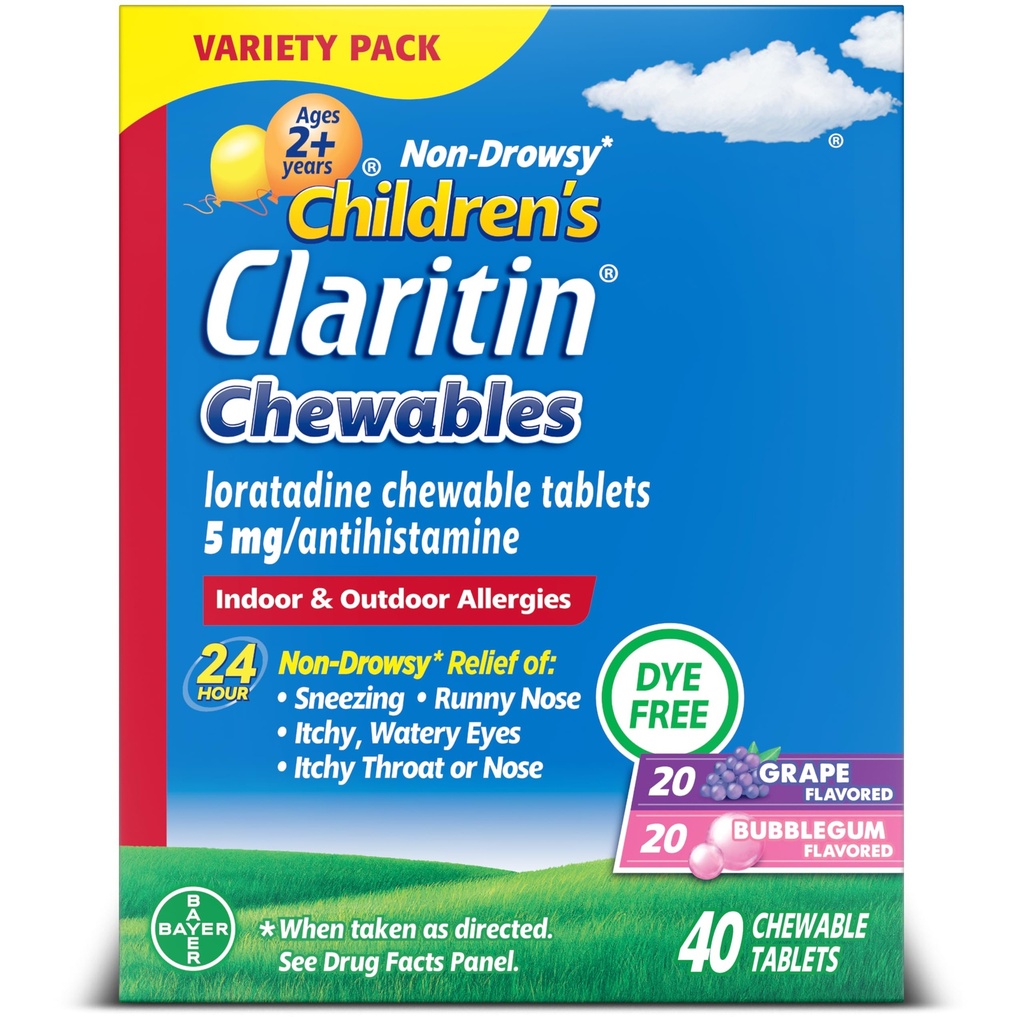 Claritin Kinderen Allergie Geneeskunde, 24-uurs Non-Drowsy Loratadine 5mg Kauwtablet, Antihistamine voor kinderen Leeftijd 2 Jaar en ouder, Grape & Bubble Gum Smaken, 40 tabletten