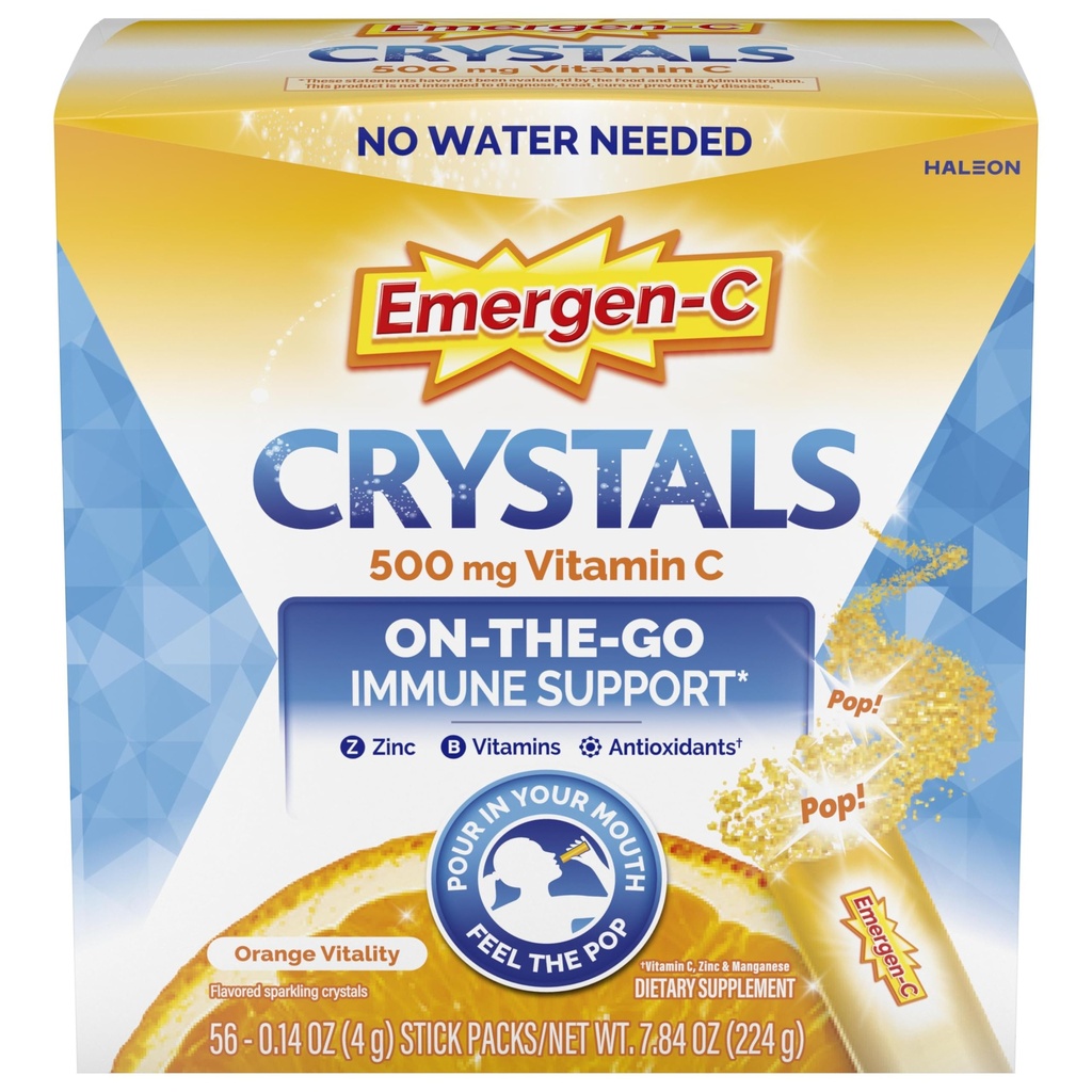 Emergen-C Cristaux, Supplément de soutien sur le pouce Emergen-C Immune avec Vitamine C, B Vitamines, zinc et manganèse, Vitalité orange - 56 Stick Packs