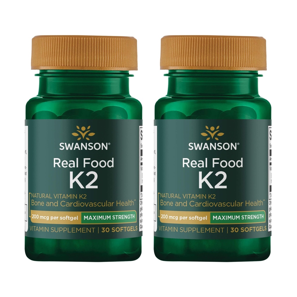 Swanson Maximum Strength Vitamine K2 (Ménaquinone-7)-Supplement Vitamine pour soutenir la santé cardiovasculaire et osseuse-Fabriqué à partir de Natto japonais pour aider à réguler le calcium (30 softgels, 200mcg chacun) (2 Pack)