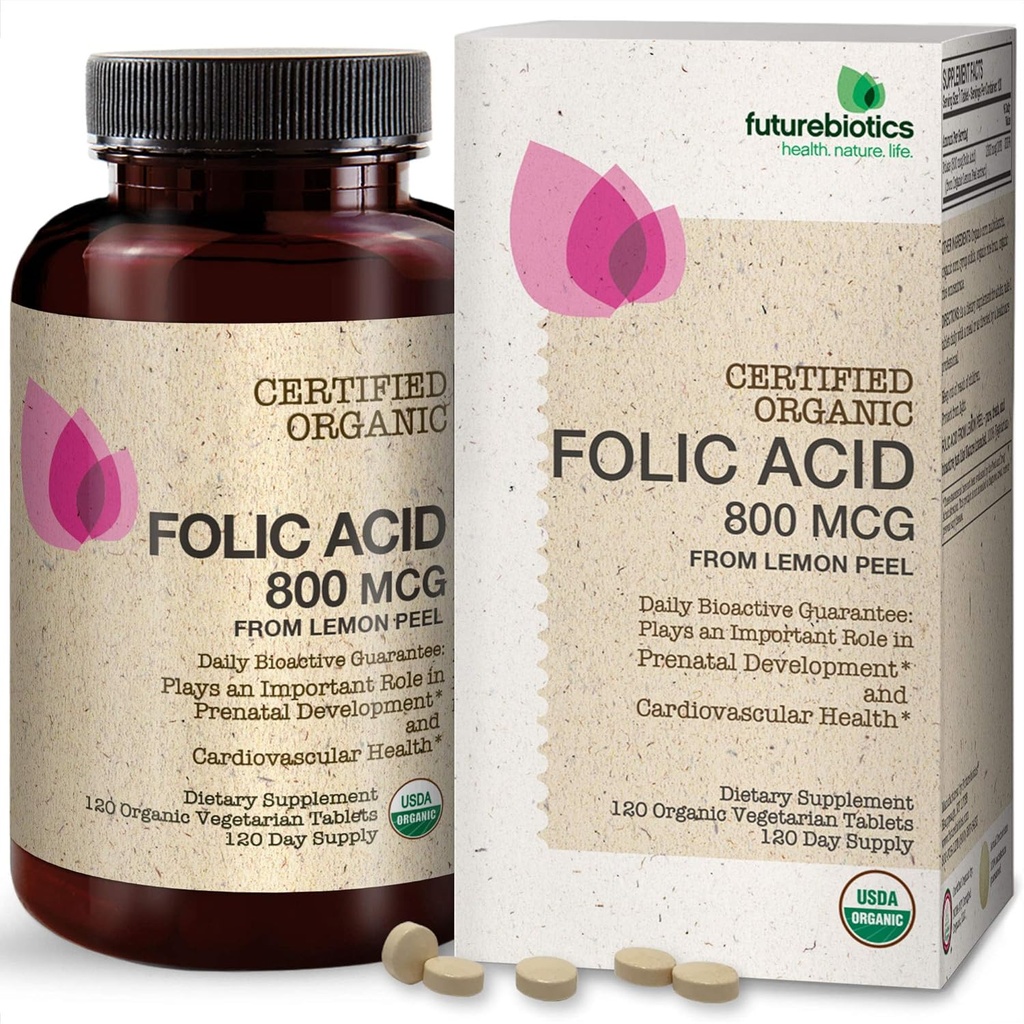 Futurebiotiques Acide folique 800mcg de citron biologique Peel USDA certifié biologique, 120 comprimés végétariens