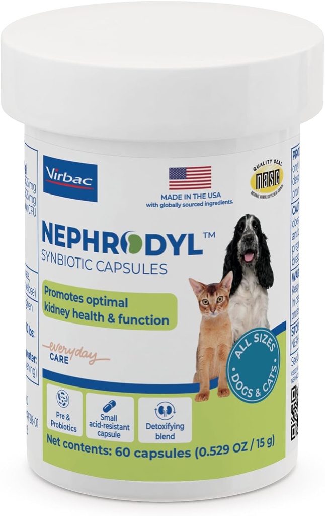 NEPHRODYL Synbiotische Capsules - Nierondersteuningssupplement voor katten en honden, probiotica en prebiotica voor de spijsvertering, kleine en gemakkelijk te slikken capsules, gemaakt in de VS- 60 Ct