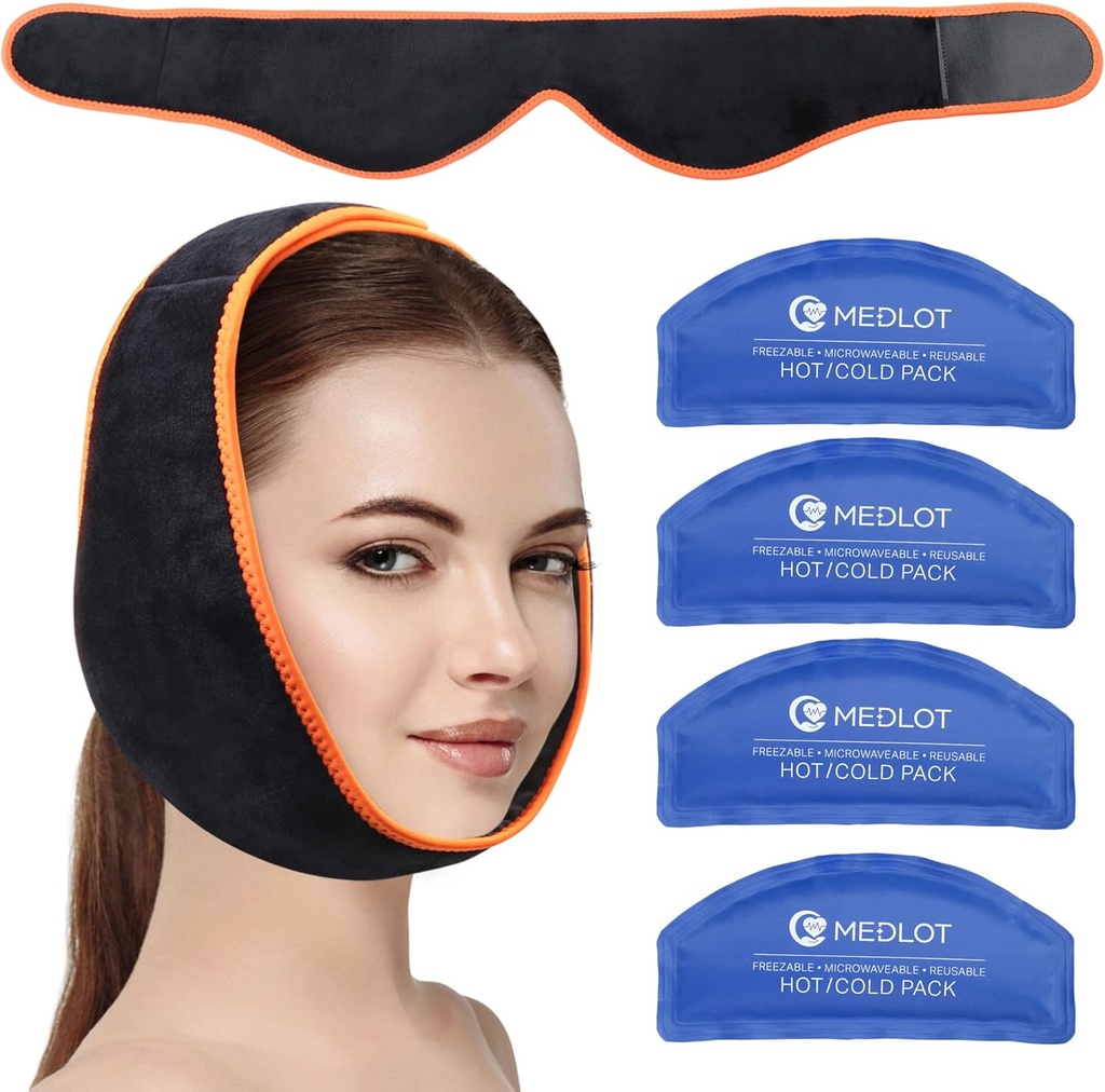 Face Ice Pack Wrap voor TMJ, Wijsheidstanden, met 4 Herbruikbare Hot Cold Therapie Gel Packs, Pijnverlichting voor Chin, Hoofd, Jaw, Orale en Gezichtschirurgie, Tandimplantaten