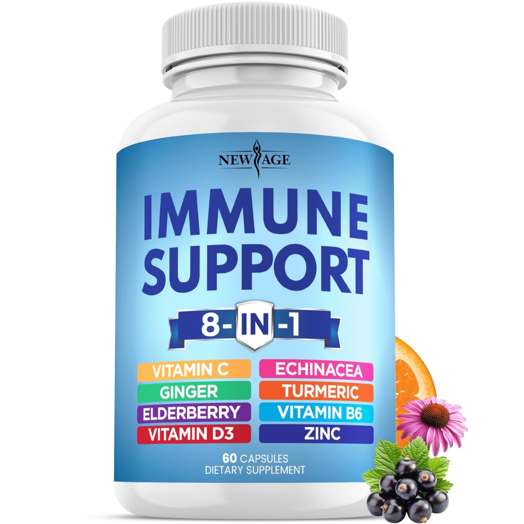 NIEUWE AGE 8 in 1 Immuun Support Booster Supplement met Echinacea, vitamine C en zink 50 mg, vitamine D 5000 IE, Kurkuma Curcumine & Ginger, B6, Vlierbes 60 Tellen (pakket van 1)