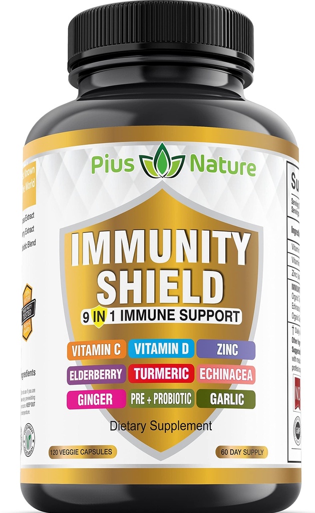 9-in-1 Immune Support Vitamine C (1000mg), Vitamine D3 (5000 IE), Zink(22mg) met Vlierbessen, Kurkuma, Echinacea, Gember, Knoflook en Pre+Pro-Biotic per portie (120 capsules per fles - 2 maanden)