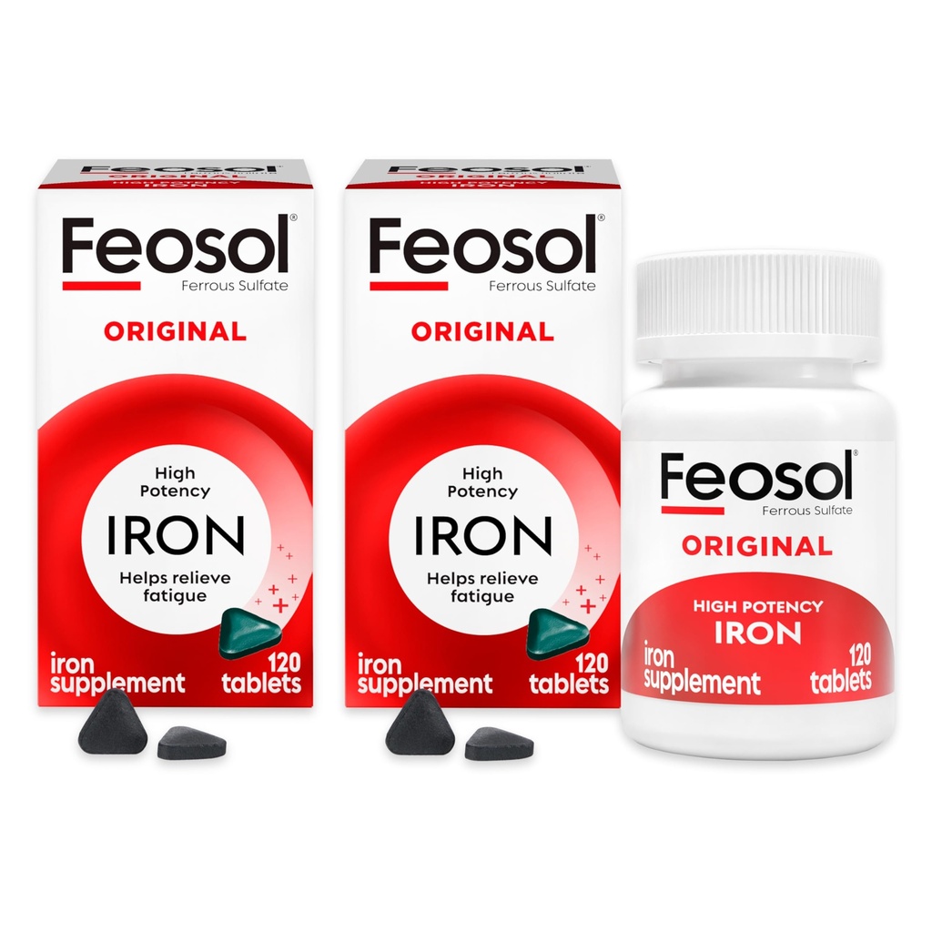 Feosol Original Iron Supplement Tablets,Non-heme 325mg Ferrous Sulfate (65mg Elemental Iron) per pil, 1 per dag, 4 maanden levering, voor energie en immuunsysteem ondersteuning (120 ct Pack of 2)