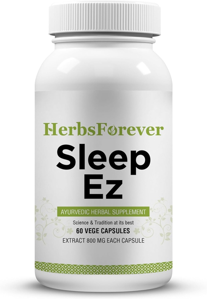 Herbsforever Sleep Ez (Sleep Ease) (Ayurvedische kruidenformulering) voor ontspannen van de geest, lichaam en bijstand van gelukzalige slaappatroon, 60 vege Capsules, 800 mg elk geconcentreerd extract