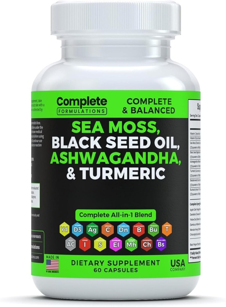 Sea Moss Supplement Blend with Black Seed Oil Ashwagandha Turmeric Bladderwrack, Burdock & Vitamin C & D3 with Elderberry Manuka Dandelion Yellow Dock Jodium