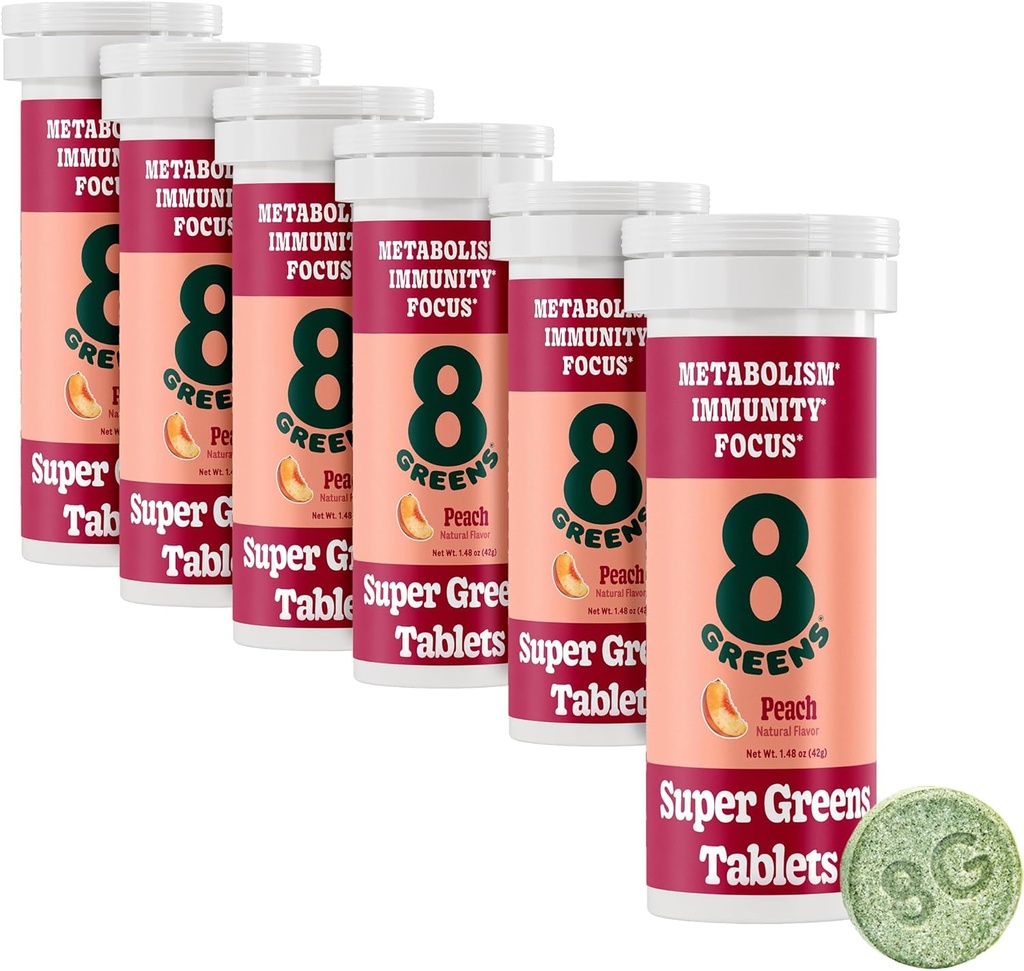 8Greens Supergreens Tabletten Supergroen Poeder Superfood, Metabolisme Immuniteit & Focus, Dagelijkse Groenen Bruistabletten, Organisch: Aloë Vera, Spirulina, Chlorella, Peach, Tube 60 Servers.