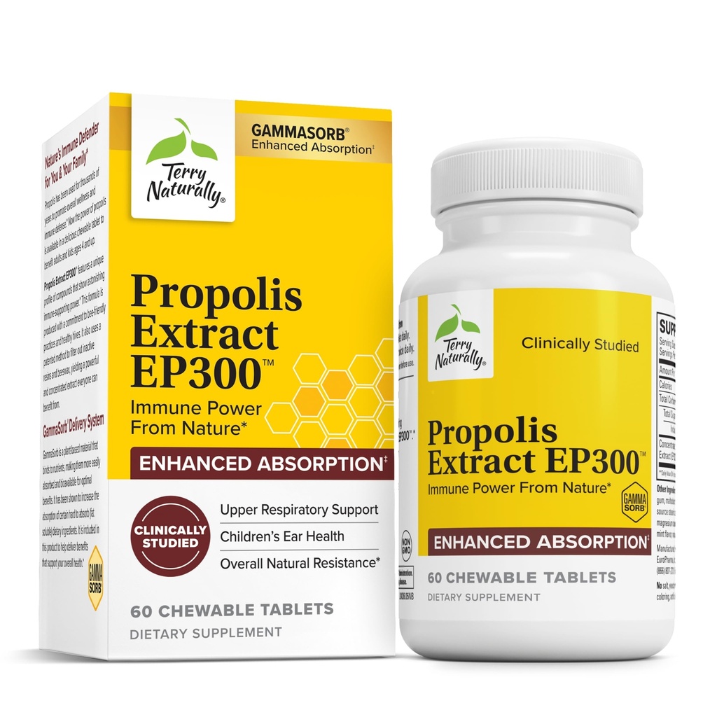 Terry Naturally Propolis Extract EP300 - Ondersteuningssupplement voor de bovenste luchtwegen en het immuunsysteem - Niet-GMO met bijenpropolis-extract - Child & Adult Supplement - 60 kauwtabletten