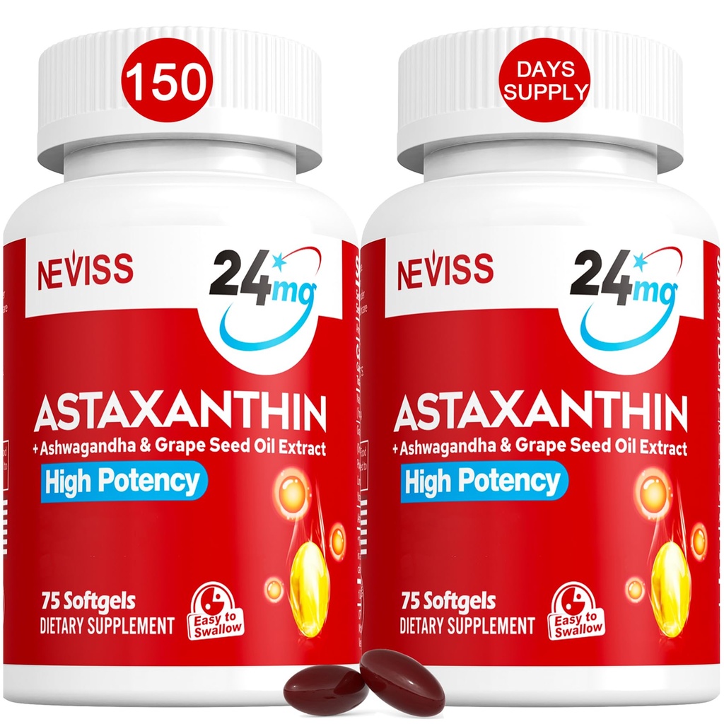 Suppléments d'astaxanthine 24mg, 5 mois d'approvisionnement - noix de coco MCT Huile, source de microalgues fraîches avec huile de graine/grape, Ashwagandha - Antioxydants pour la peau saine, les yeux, le vieillissement - Sans OGM et sans gluten, 150 softgels