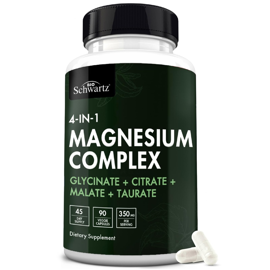 BioSchwartz Magnesium Complex Supplement (90 capsules) 350mg Magnesium Glycinate Citrate Malate en Taurate Per Serving for Healthy Nerves Muscles Heart Sleep Support (Vegan, Gluten-Free, Non-GMO)
