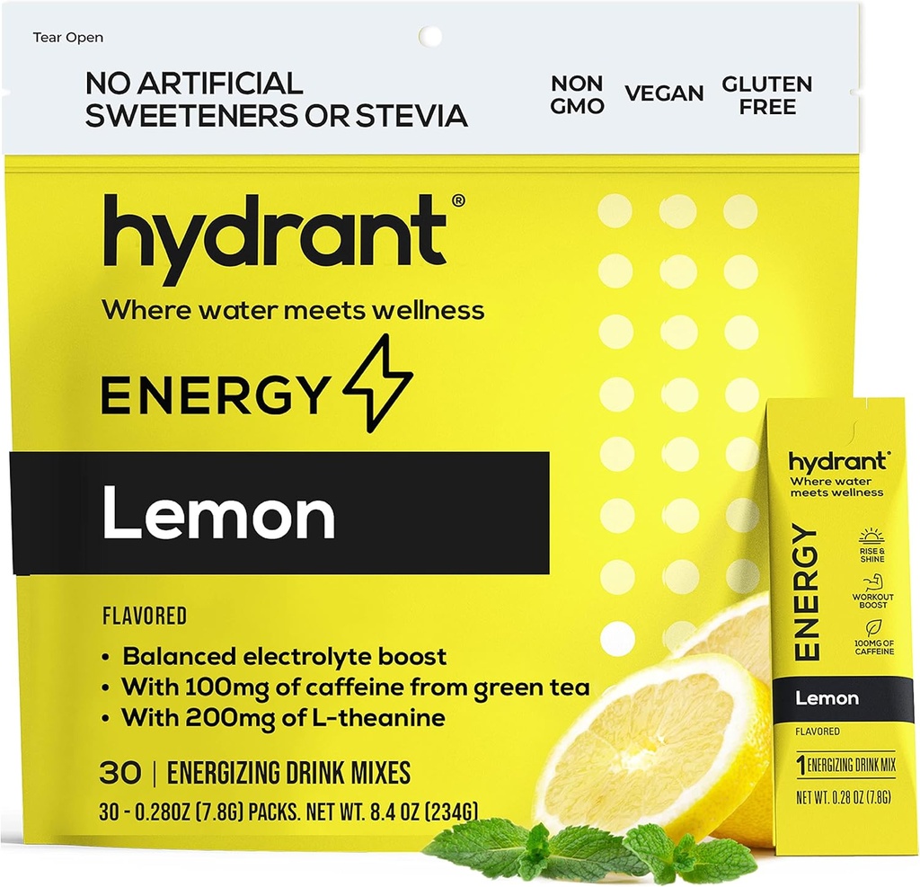 HYDRANT Energy Lemon Flavor 30 Stick Pack, Caffeine & L-Theanine Rapid Hydration Mix, Electrolyte Hydration Powder Packets with Zinc