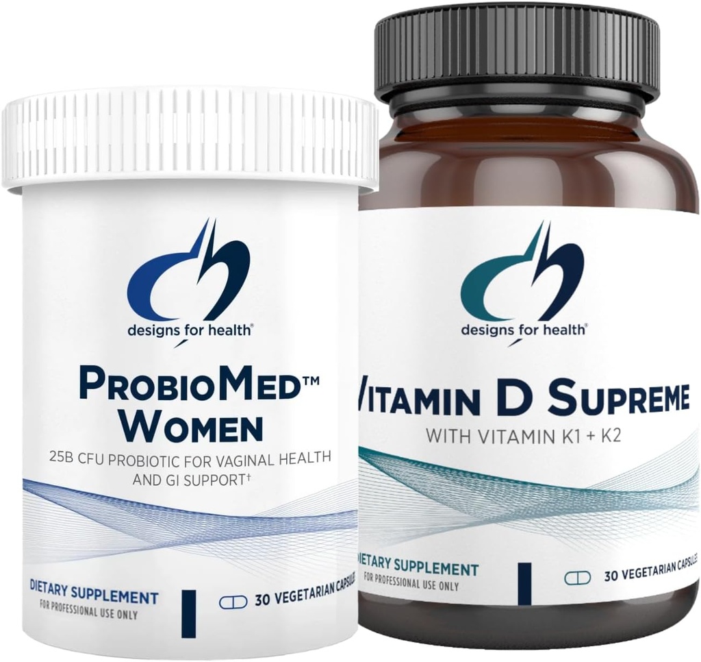 Designs for Health Vitamine D & Women's Probiotic Bundle - ProbioMed Women (30 capsules) Gut Health & Vaginal Probiotic avec Vitamine D Supreme (30 capsules) avec Vitamine K2 pour la santé immunitaire et osseuse
