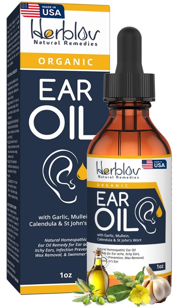 Huile d'oreille biologique pour les infections de l'oreille - Earrops naturels pour la prévention des infections, l'enlèvement de l'oreille et de la cire de Swimmer - Enfants, Adultes, Bébé, Dog Earache Remède - avec Mullein, Ail, Calendula, Fabriqué aux États-Unis