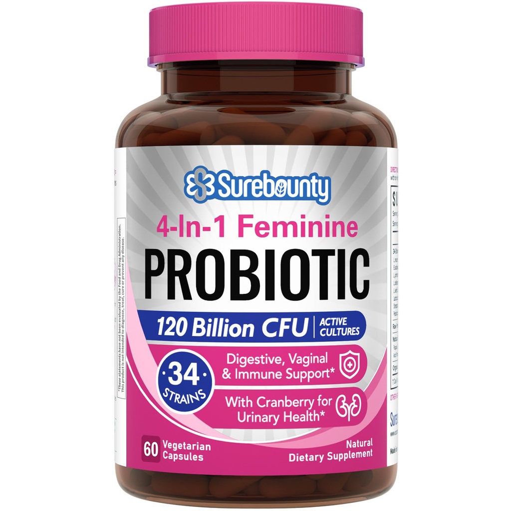 Probiotica voor vrouwen, 120 miljard CFU 34 Strains, Prebiotica, Digestieve Enzymen, Cranberry, 4-in-1 Vrouwelijke Probiotica, Digestief, Vaginaal, Immuun Ondersteuning, 60ct