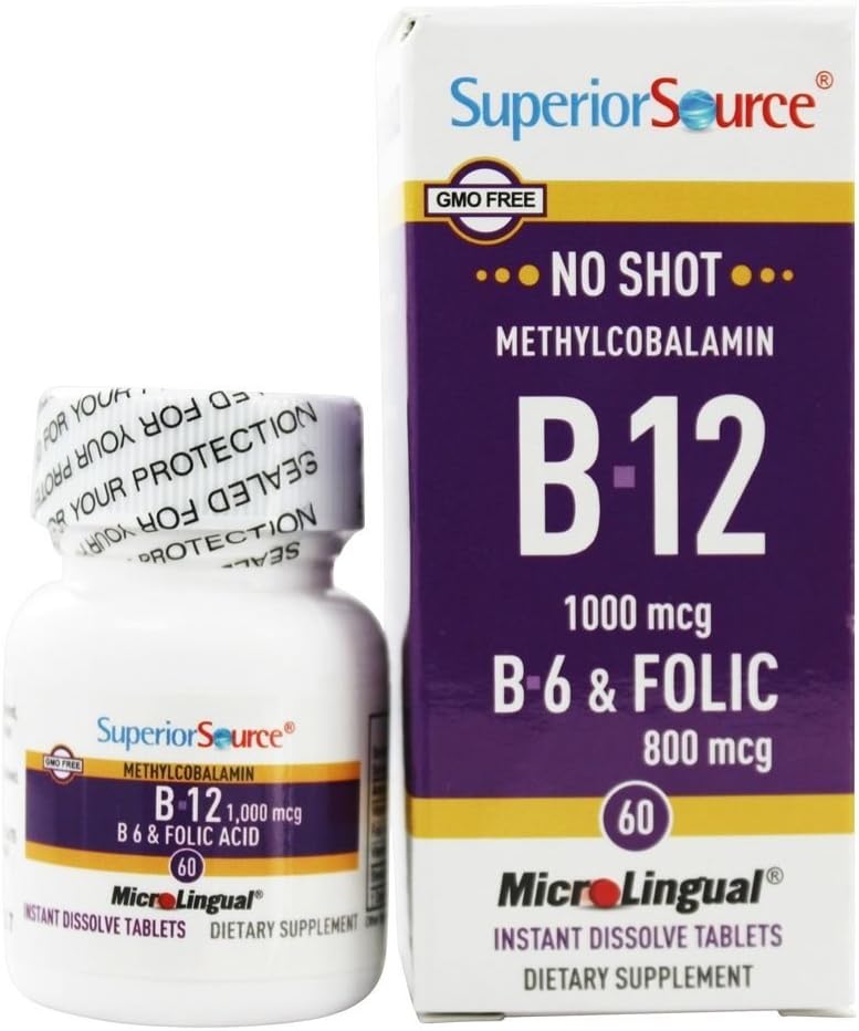 Superior Bron - No Shot B12 Methylcobalamine 1000 mcg met B6 & Folic Acid 800 mcg. - 60 Quick Solution Tablets