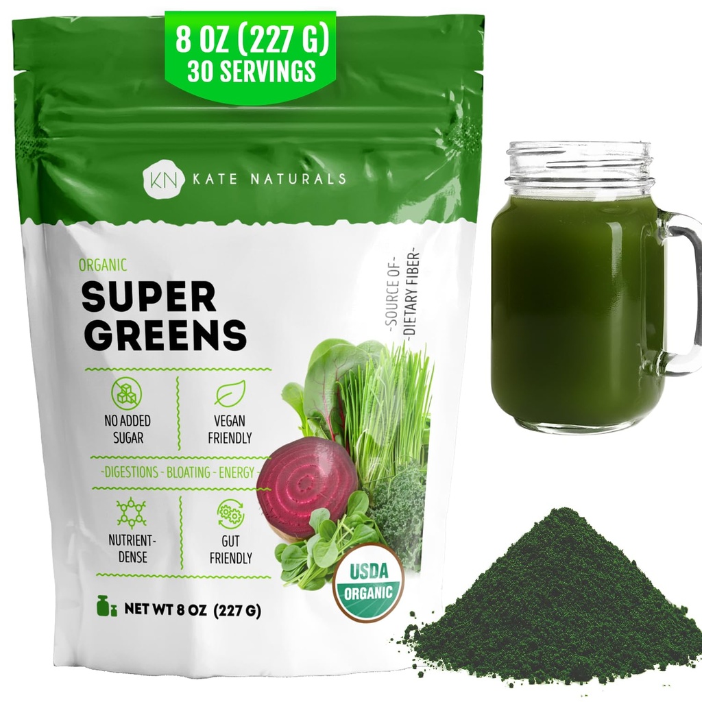 Kate Naturals Biologische Super Greens Poeder. Daily Greens Superfood Blend with Probiotics & Fiber for Smoothies and Juice (30 Serves, 8oz, Natural)