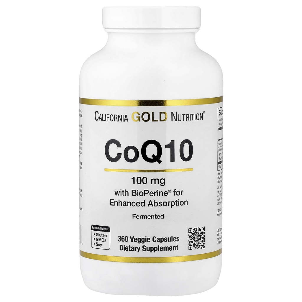 CoQ10 100 mg, Co-enzym Q10 Ubichinon USP met Bioperine Black Pepper voor verbeterde absorptie, ondersteunt Mitochondriale functie*, 360 Veggie Capsules