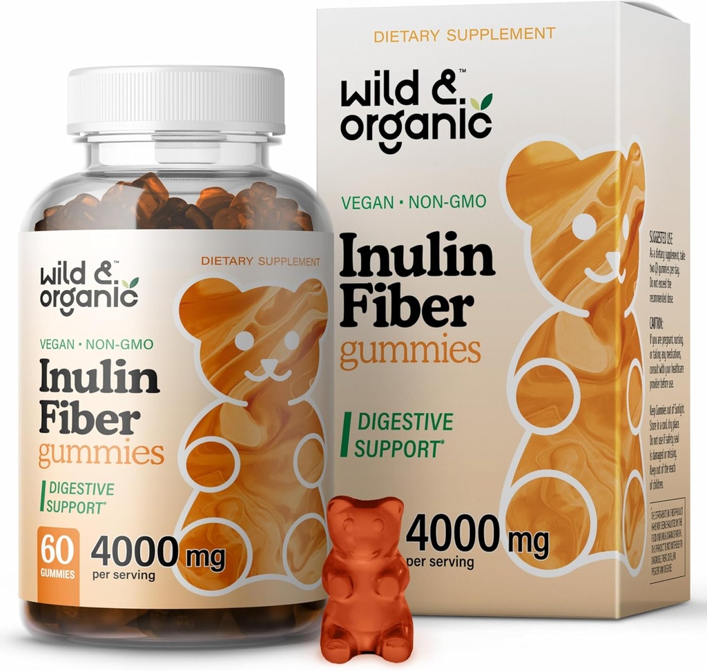 Gommies de fibre d'inuline sauvage et biologique 4000mg - Soutien digestif avec racine de chocorie - Supplément de fibre soluble avec poudre d'inuline - Prébiotiques pour support de gomme - 60 Gommies de prébiotique