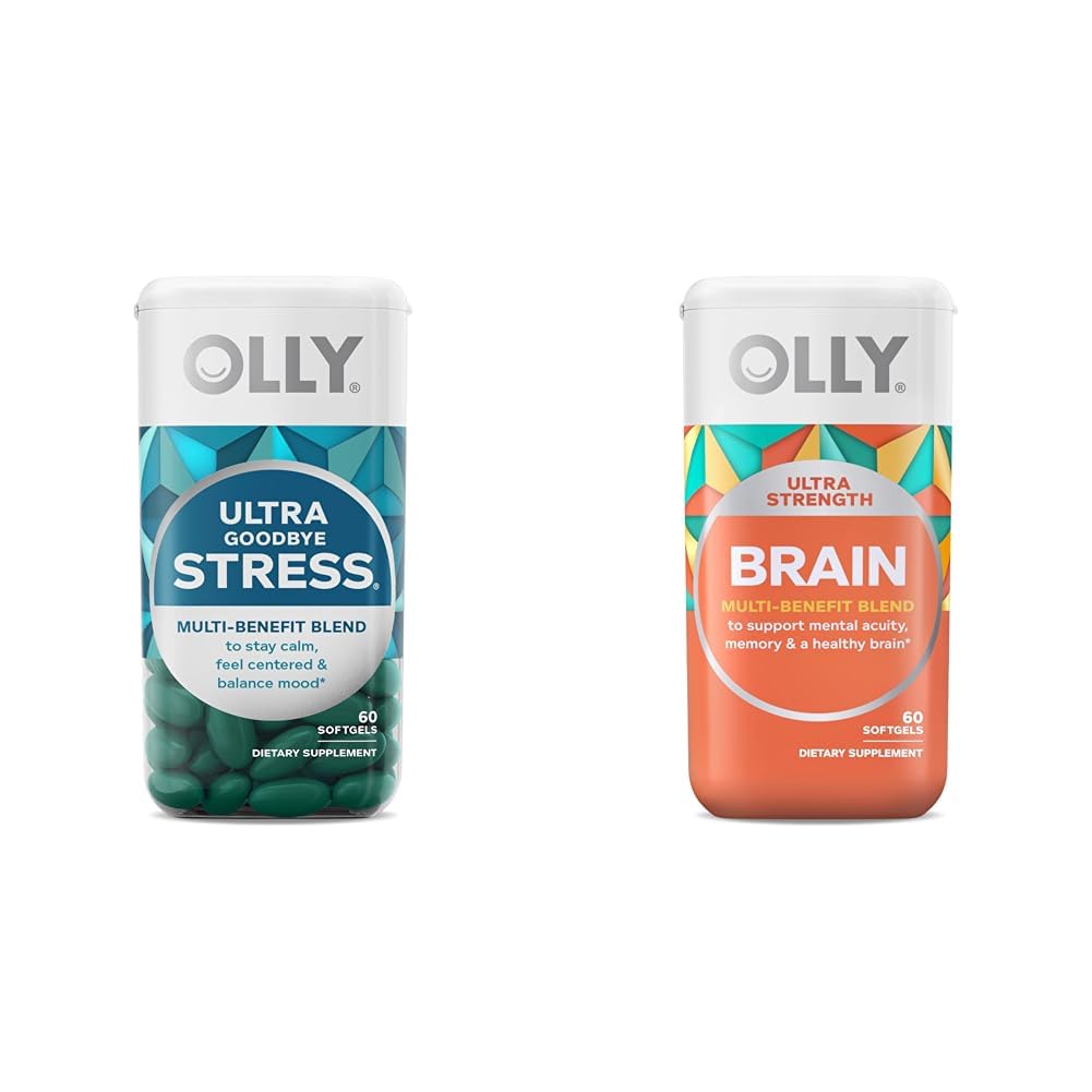 OLLY Ultra Strength Au revoir Stress Softgels, GABA, Ashwagandha, L-Theanine et Lemon Baume et Ultra Strength Brain Softgels, Nootropic, soutient la fonction cérébrale saine, la mémoire